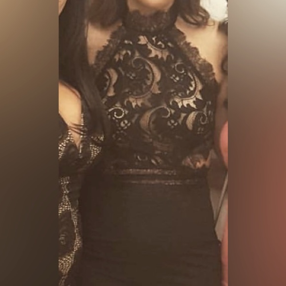 Evening gown, long black dress, lace detail at top, size small.
